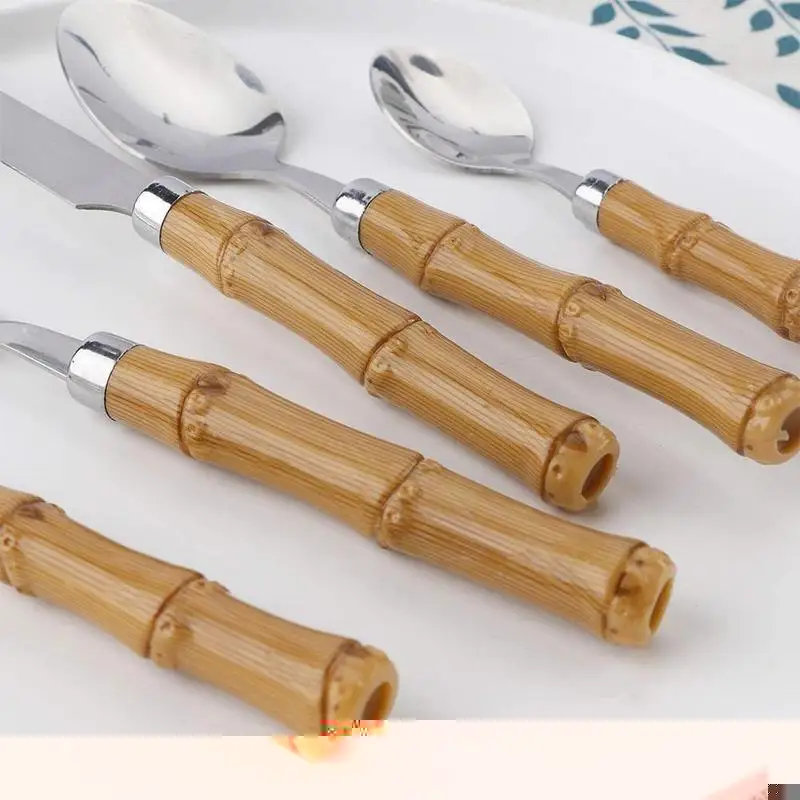 

Bamboo Handle Tableware Set Steel Cutlery Set Mirror Forks Spoons Tableware Silverware Flatware Spoon Knife Fork L0f2