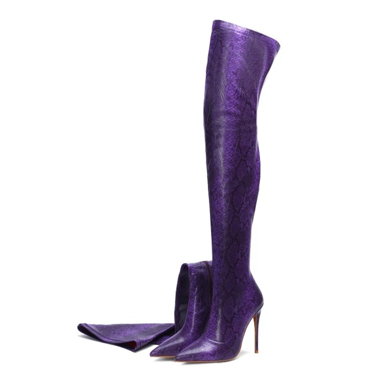 Msstor Snake Print Knee High Boots Women Red Sexy Zipper Party Thigh Pointed Toe Winter Heels Green | Обувь