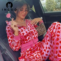 ingoo hot girl 2 pieces set y2k love printed cardigan hooded sweater lace up trousers street women tracksuit casual outfits suit