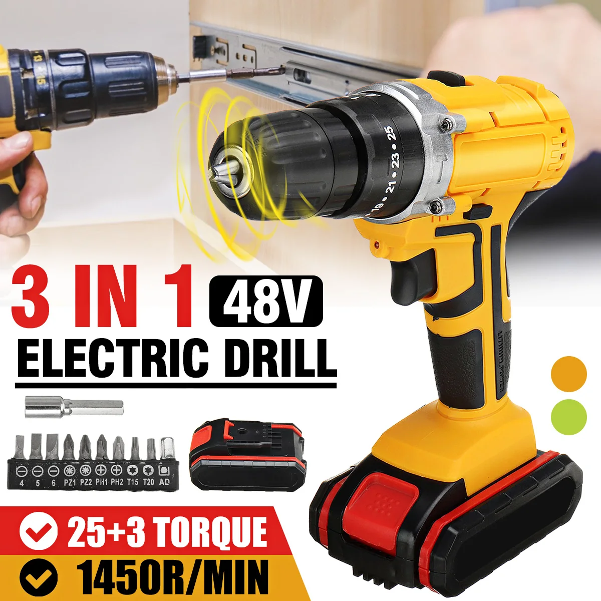 

48V Electric Drill 3 In 1 Electric Screwdriver Cordless Drill Impact UK/US/AU Plug 1/2 Battery For Home Operated Rechargeable