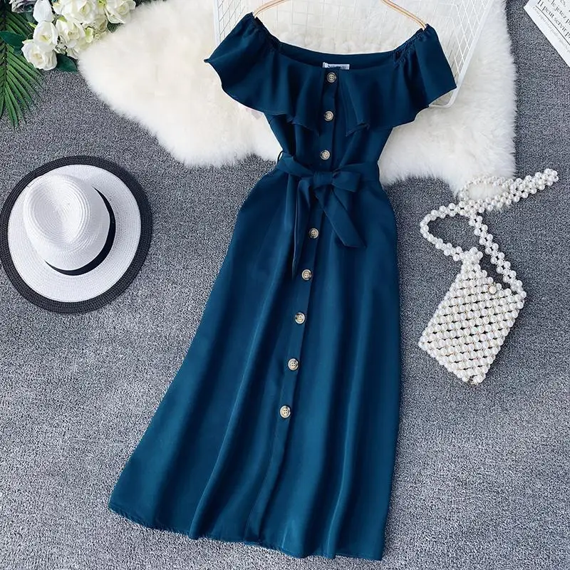 

Summer Bandage Dresses Women New Short Sleeve Off Shoulder Sexy Beach Casual Dress Female Slash Neck Single Breasted Long Robe