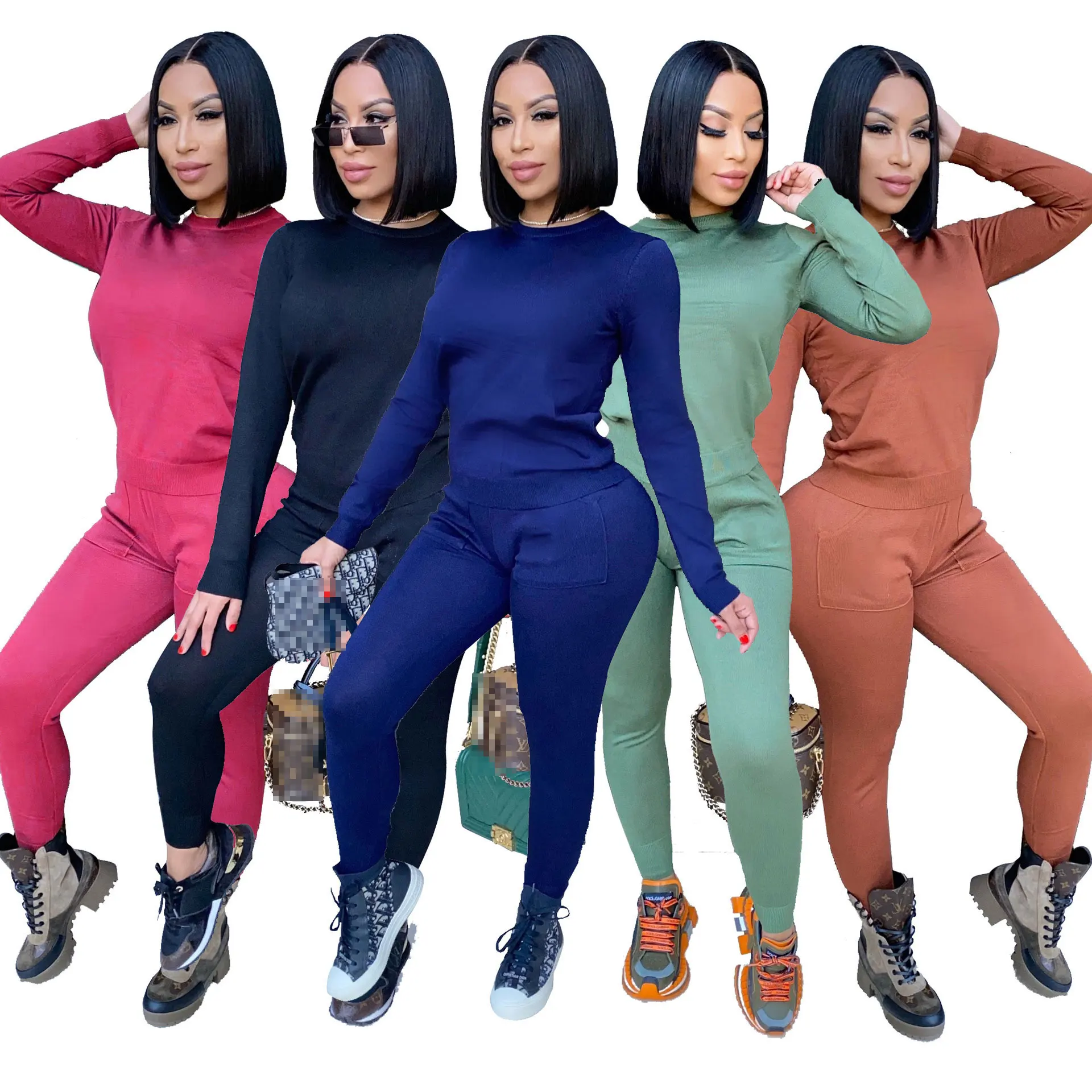 

Осенне-зимний комплект из двух предметов, Женская однотонная эластичная футболка с длинным рукавом, повседневные брюки, леггинсы, комплект,...