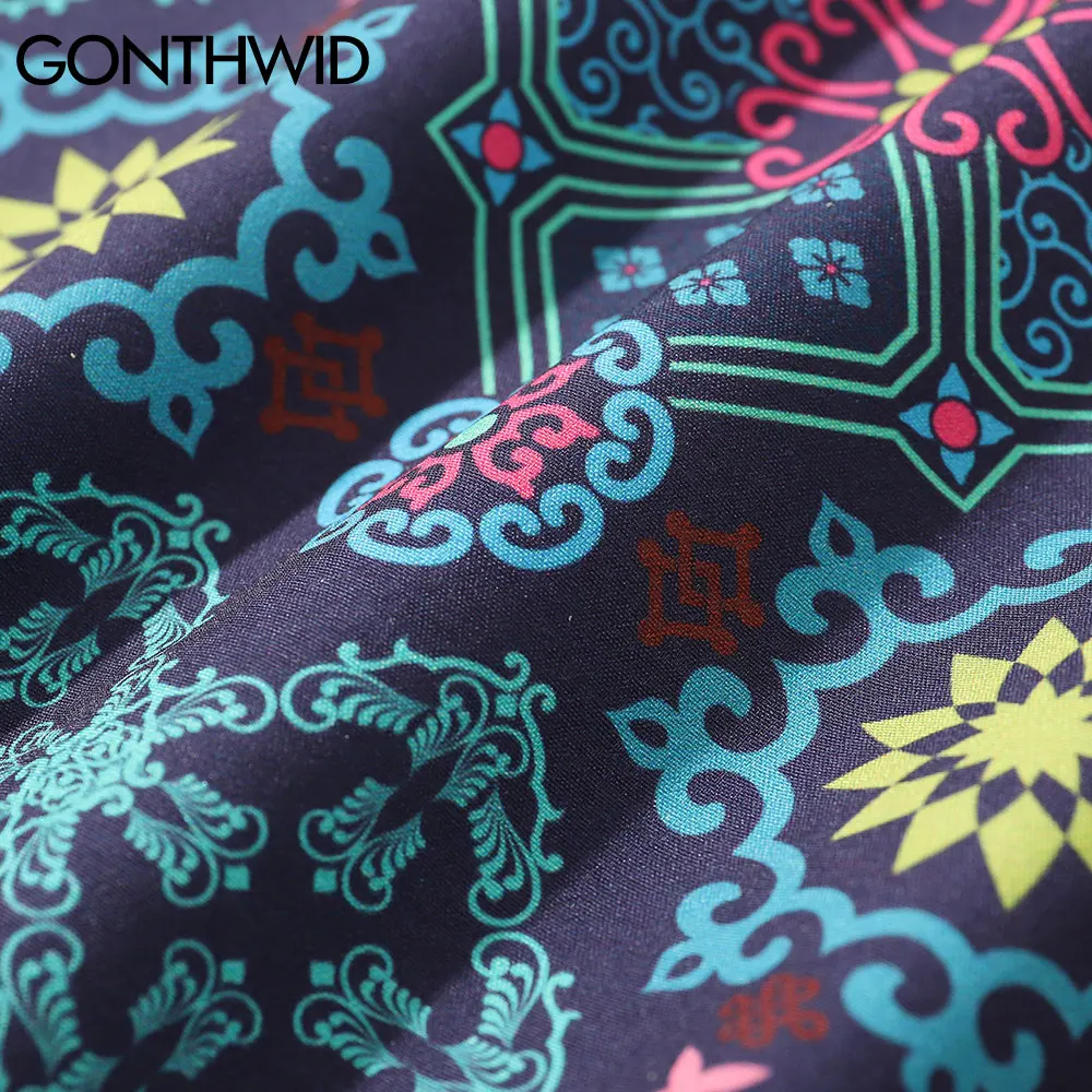 

GONTHWID Hawaiian Casual Shirts Harajuku Flowers Print Shirt Hip Hop Streetwear Holiday Beach Button Men Short Sleeve Tops Male