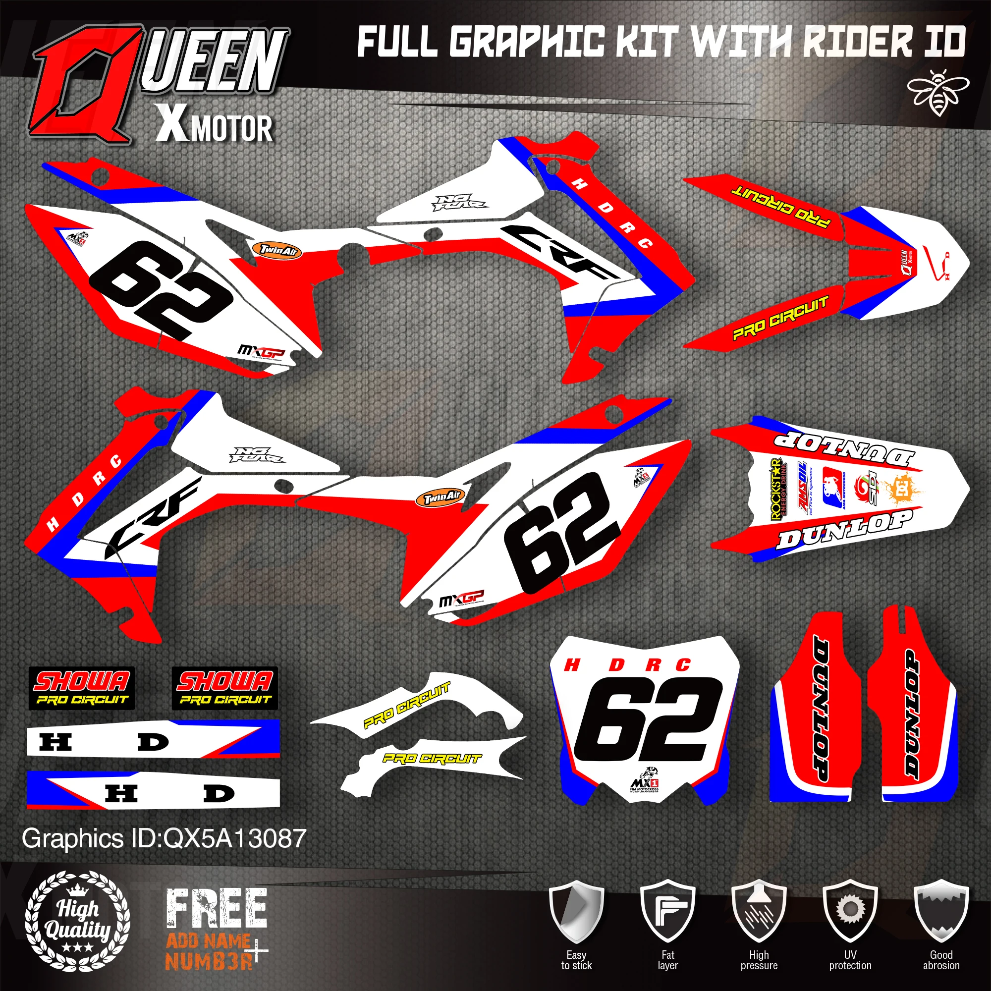 

QUEEN X MOTOR Custom Team Graphics Backgrounds Decals Stickers Kit For HONDA 2014-2017 CRF250R 2013-2016 CRF450R 087