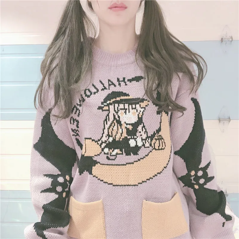 Корейский элегантный стиль аниме узор жаккард круглый воротник вязаный свитер