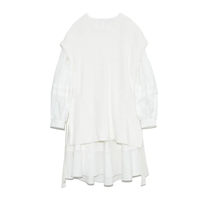 

Spring Fashion 2 Pcs Women Set Long Puff Sleeve Shirt Dress Solid Vestidos+ O Neck Sleeveless Knit Vest All Match Suit