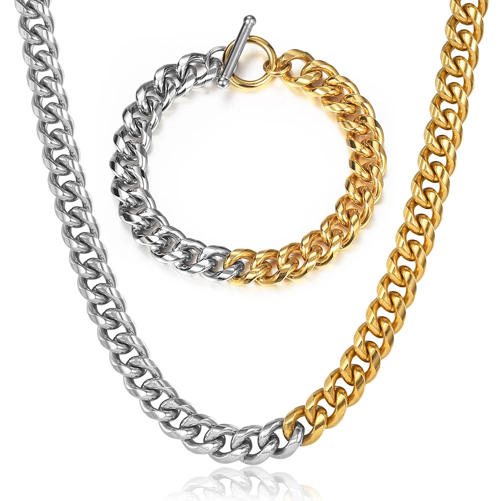 

9mm Stylish Bicolor Necklace Bracelet Set for Men Women Stainless Steel Cuban Curb Chain Gold Silver Color Unique DN219A