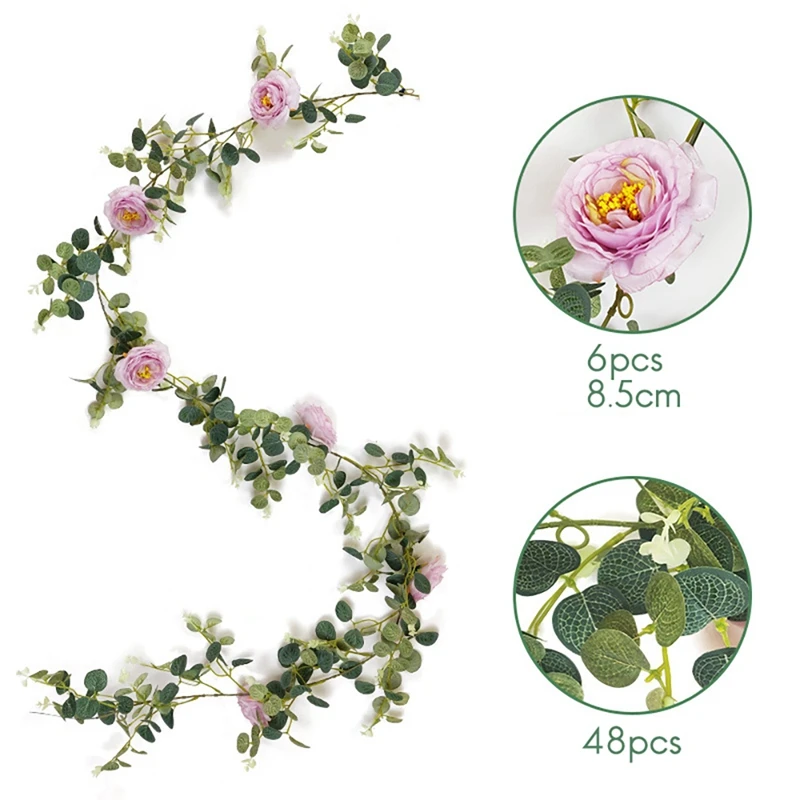 

Artificial Eucalyptus Garland with Camellias, 6.4Ft Fake Vine Hanging Ivy for Wedding Backdrop Party Arch Table Decor