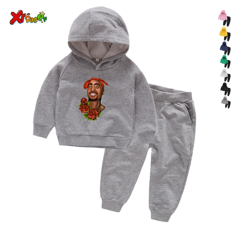

kids Clothes Sweatshirt se spring 2pac Cartoon Hip Hop Boy Girls Hooded +Sports Pants Casual hip hop rap music Sport Suit