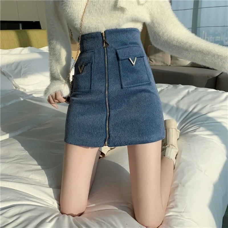 

Women High Waist Tweed Front Zip Slim Skirts Women Fall Winter Summer Sexy Club A Line Mini Skirt Female New Korean Bottom Skirt
