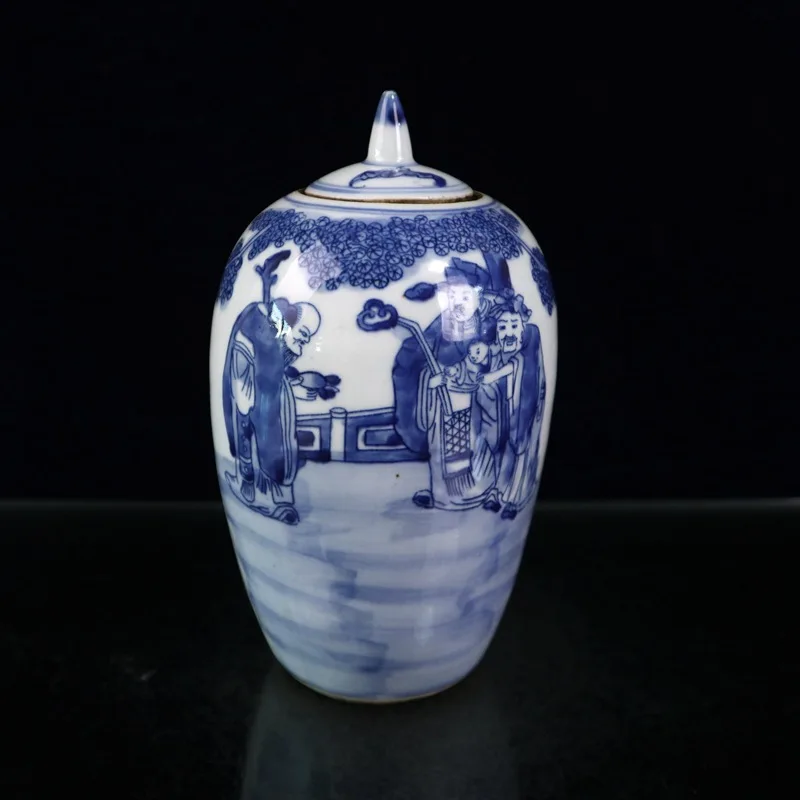 

China Archaize Ming and Qing Dynasties Blue and White Porcelain Jar Painting Mythology Figure Fu Lu Shou Ornaments Decoration