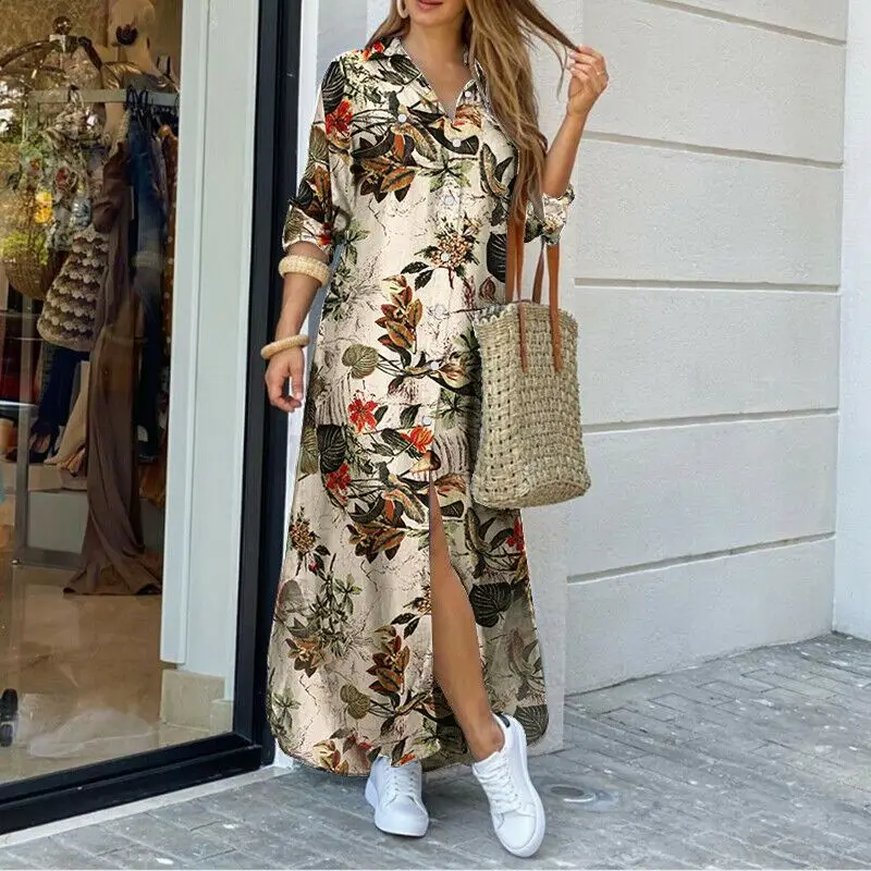 

Plus Size Women Sundress Vintage Long Sleeve Dress Lapel Collar Printed Maxi Long Dresses 2020 Autumn Casual Vestidos Robe Femme