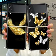 Fold Case for Samsung  Galaxy Z Flip 3 Black Silicone Hard Phone Cover Shockprooft Capas Funda Gold Flower Butterfly Pattern