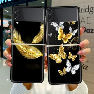 fold case for samsung galaxy z flip 3 black silicone hard phone cover shockprooft capas funda gold flower butterfly pattern free global shipping