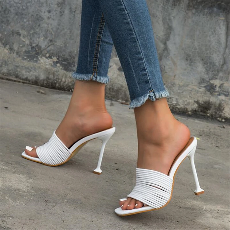 

Мюли женские на высоком каблуке, сандалии с квадратным носком, несколькими узлами, шлепанцы в римском стиле, пикантные, летняя модель, большие размеры 42