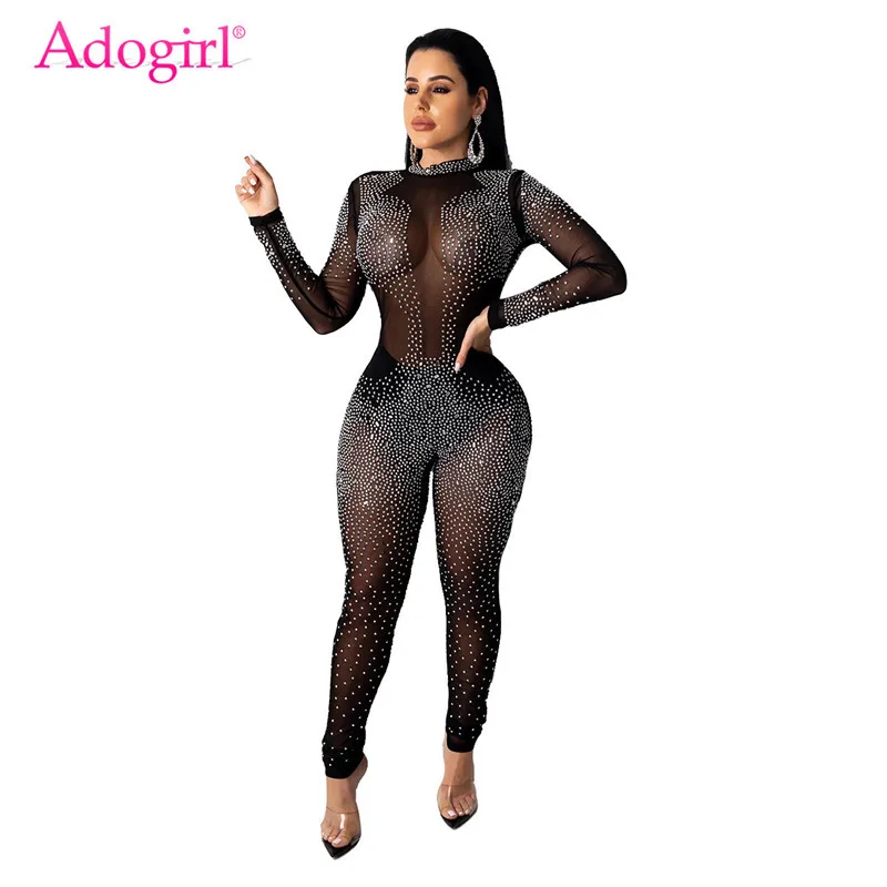 Adogirl комбинезон из прозрачной сетки с блестящими бриллиантами Облегающий