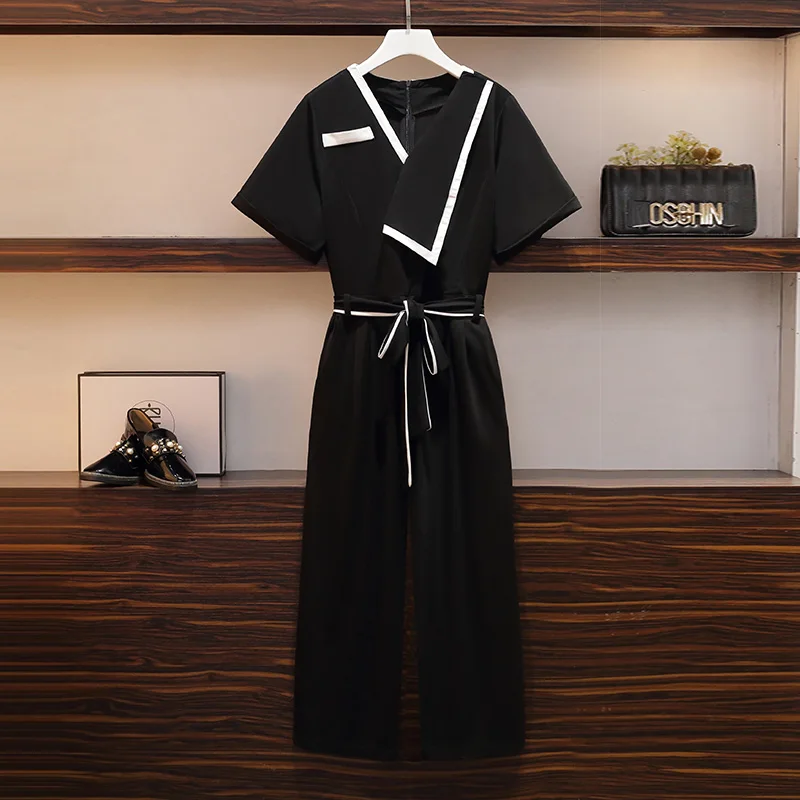 

Женские летние длинные комбинезоны размера плюс, офисный женский комбинезон с коротким рукавом и прямыми штанинами, с поясом, Женский шифон...