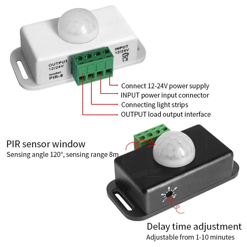 

DC 12V 24V 8A Automatic Adjustable PIR Motion Sensor Switch IR Infrared Detector Light Switch Module For LED Strip Light Lamp