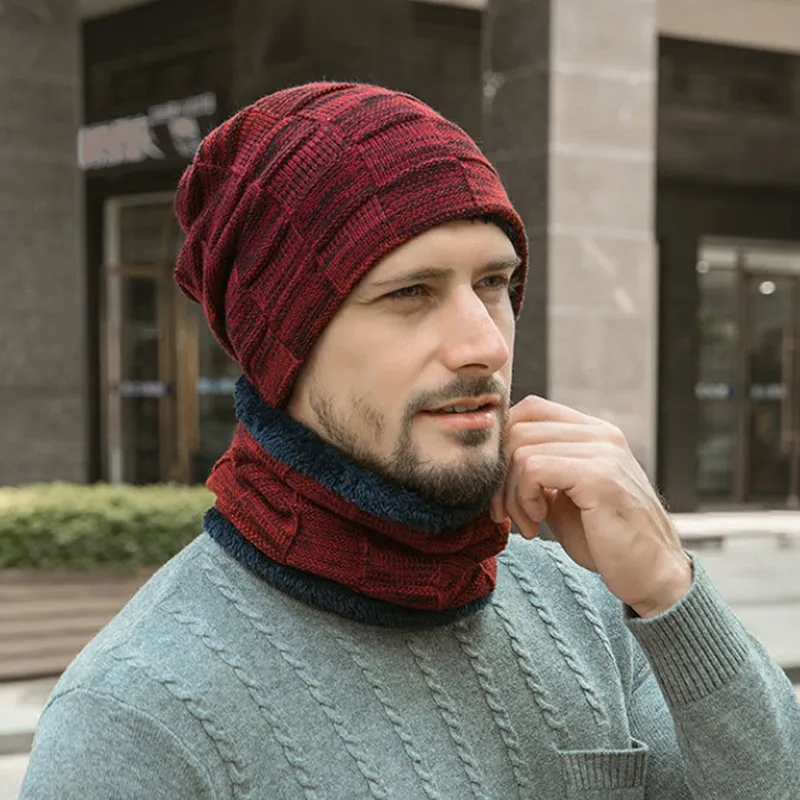 Горячая Skullies Beanies кольцо для Шляпы шарф из двух частей теплая зимняя шапка плюс бархатная Толстая шерстяная шапка для мужчин мягкая эластичная шапка мужские головные уборы