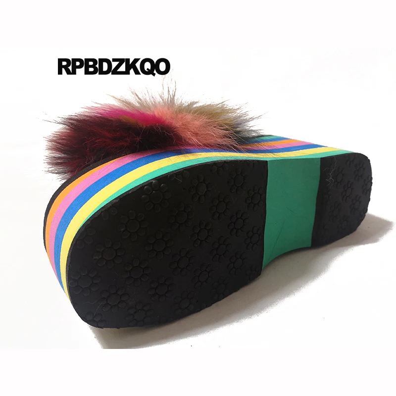 ВПП высокий каблук Flatform радуга открытый носок пушистый насосы с мехом обувь