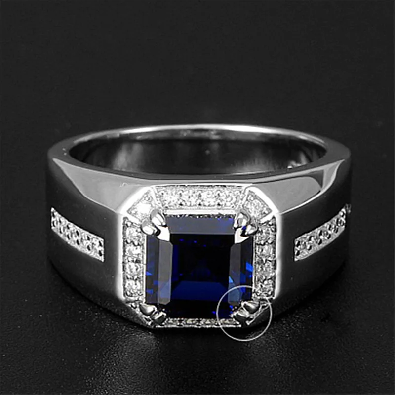 

Classical square blue crystal sapphire gemstones diamonds rings for men white gold silver color bague jewelry accessory gifts