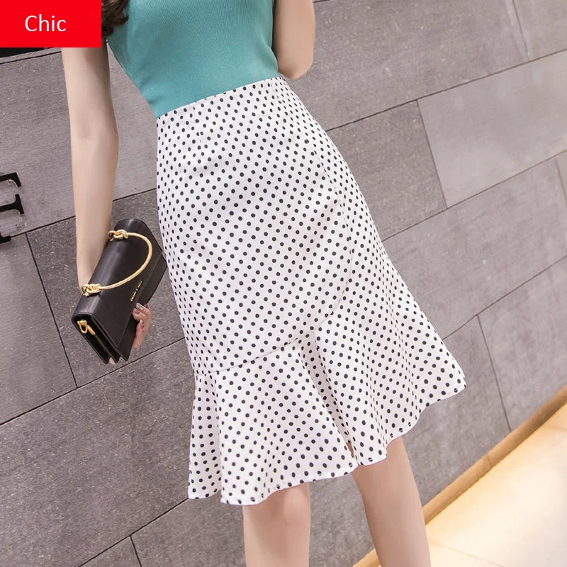 

Spring Summer Dots Print Skirts Office Semi Skirt Black White Mermaid Skirts High Waist Knee-Length Flounce Ruffles Wrap Skirts