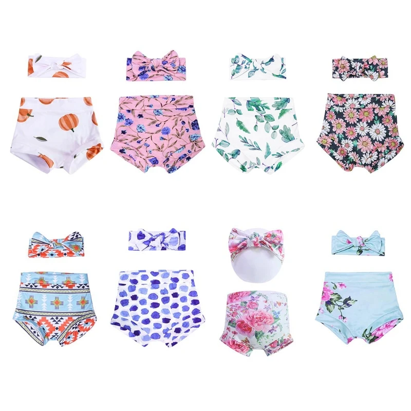 

2 Pcs Baby Summer Print Shorts Headband Set Short Pants Trouser Knotted Bow Hair Band Kit for Newborn Infants Shower Gifts H9EF