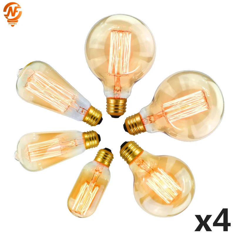 

4pcs/lot Retro Edison Light Bulb E27 220V 40W A19 A60 T10 T45 T185 ST64 G80 G95 Filament Vintage Ampoule Incandescent Bulb Lamp