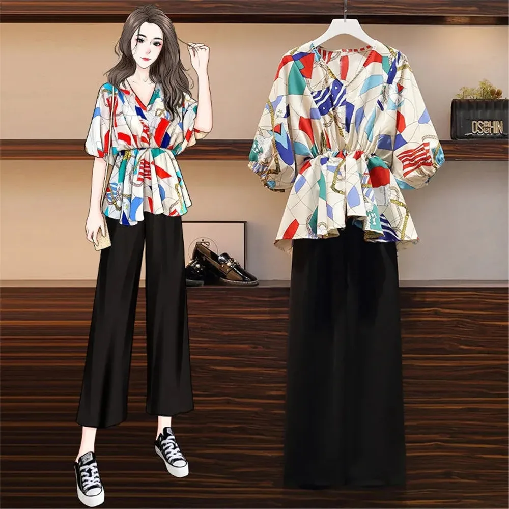 

Summer Polyester Women'S Clothing Suit The New 2022 V-Neck Print Chiffon Tops & Wide Leg Pants Two-Piece Suit Good Quality