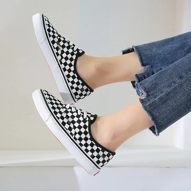 White Checked Canvas Vulcanized Shoes For Both Men And Women Casual Loafers With No Lacing At One Stepulzzang Freeshipping Sale - Color: White