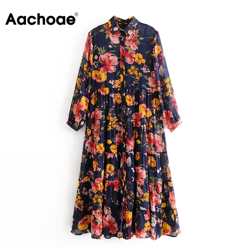 Платье рубашка женское шифоновое с цветочным принтом длинным рукавом и отложным