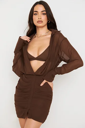 

New Summer Women's Sexy V-neck Long Sleeve Brown Crop Top and Dress 2-piece Set Fashion Ladies Club Evening Party Set