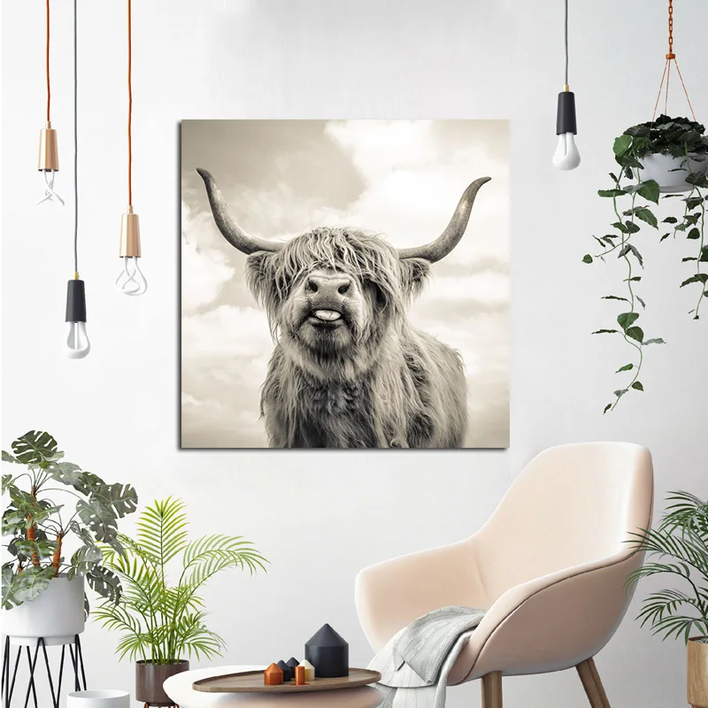 Черно-белый Highland Корова Крупный рогатого скота настенная Картина на холсте в