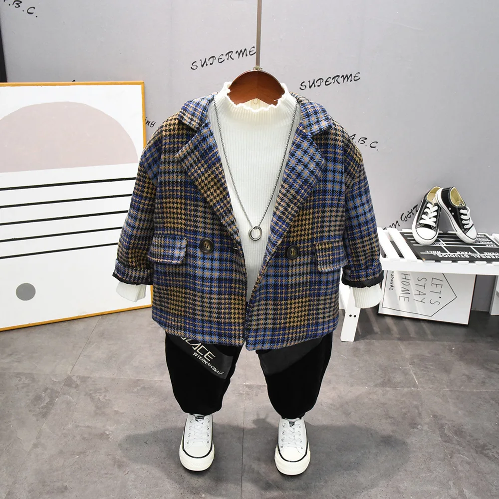 

Комплект одежды для мальчиков, Зимние новые детские повседневные утепленные костюмы, корейский Клетчатый Блейзер, куртка, бархатные штаны, ...