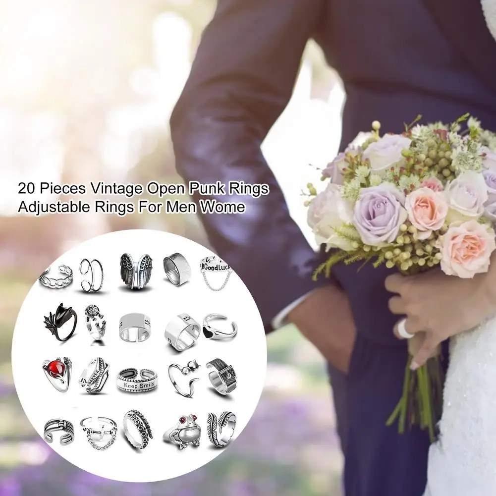

20 Pieces Vintage Open Punk Rings Adjustable Rings For Men Women Alloy Adjustable Opening Birthday Party Jewelry Gifts