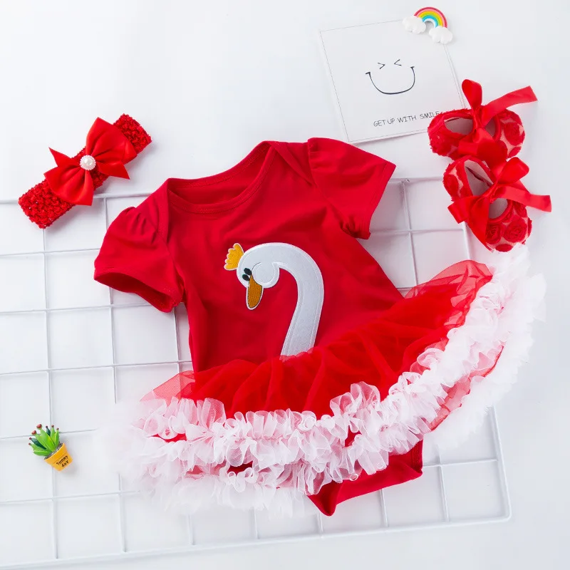 

Spring and Summer New 0-24M Baby Girls Cartoons Swan Short Sleeve Dress Newborn Soft Walking Shoes Suit with Headdress