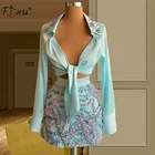 Коктейльные платья, короткие, платье для выпускного со стразами, 2021, комплект из двух предметов, блузка с длинным рукавом и юбка мини с высокой талией, украшенная бисером