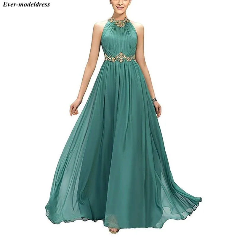 

2022 Prom Dresses Long A-Line Pleats Beaded Appliques Empire Chiffon Bridesmaid Dress Elegant Floor Length Evening Party Gowns