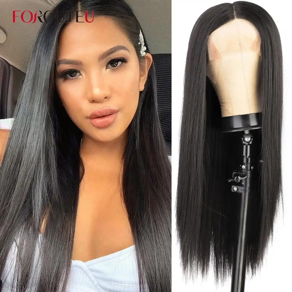 

FORCUTEU Long Straight Synthetic Lace Front Wig Natural Black Pre Plucked Heat Resistant Highlight T-Part Lace Wigs for Women