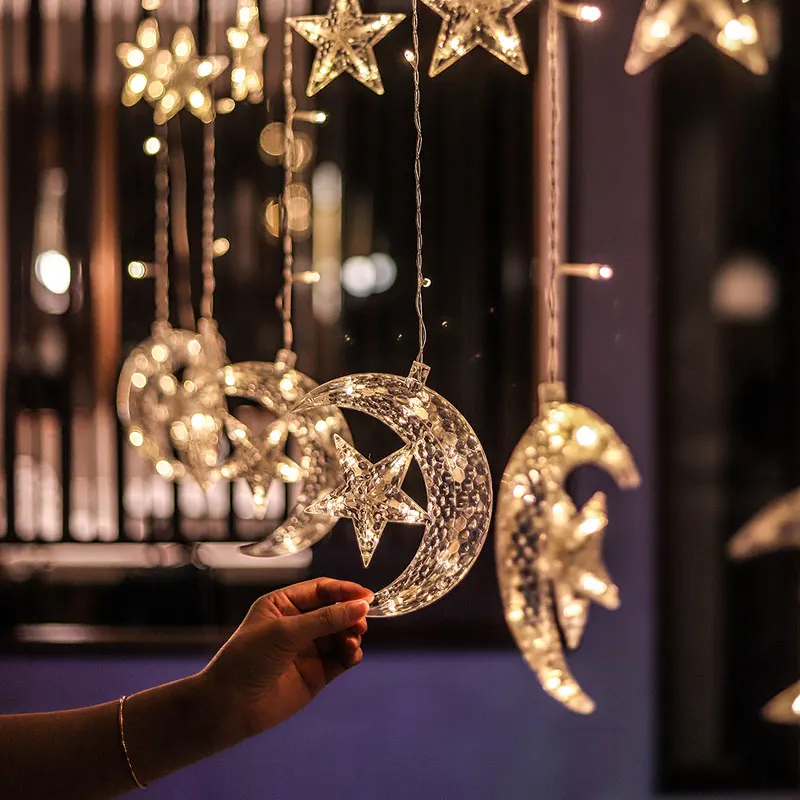 

EU Plug Moon Star Led String Lights EID Mubarak Curtain Decor Waterproof Fairy Lights For Home Islam Muslim Event Party Supplies