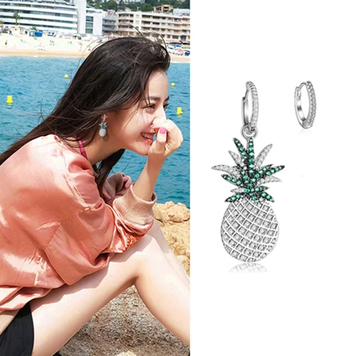 Pineapple Высокое качество Новая мода Асимметричные серьги-кольца Изысканные проложить AAA+ циркониевые кристаллы фрукты Радужная Подвеска Серьги для женщин - Окраска металла: Pineapple