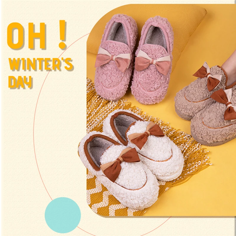 

Туфли YISHEN мужские/женские с бантом, флисовые хлопковые тапочки, теплые плюшевые Нескользящие домашние тапочки, обувь на плоской подошве для...