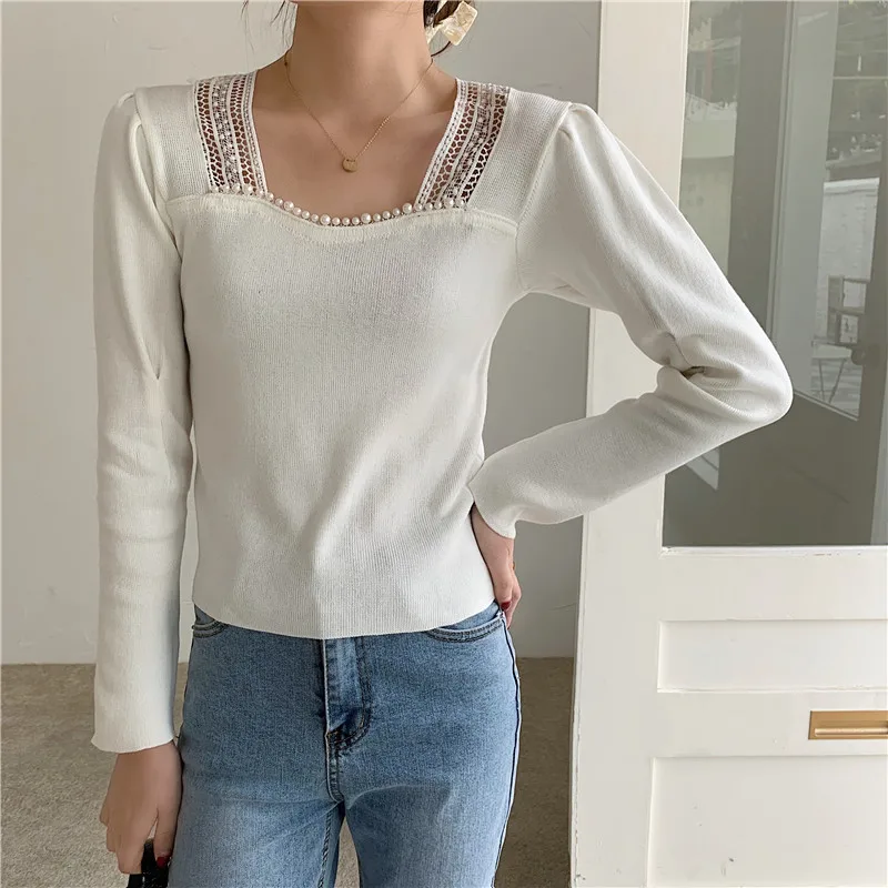 

Vintage Chic Square Collar Long Sleeve Knit Women Lace Patchwork Beaded Sweater Female 2021 Spring Korean Tops