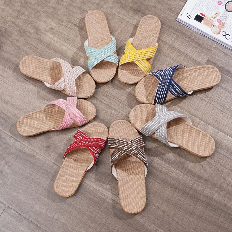 

Women Home Slippers Unisex Summer Flax Slides Lightweight Soft Bottom Flip Flops Casual Sandals Outdoor Beach Shoes Size 35-45