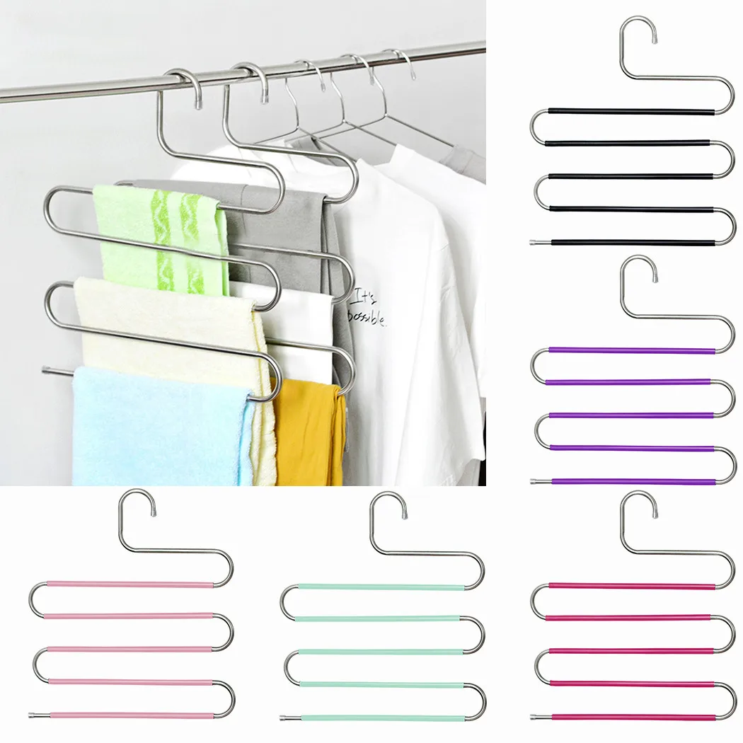 

1*S-shape Stainless Steel Trouser Hanger＋Non-slip Mat Clothes Pants Trouser Hanger,Multi Layer Storage Rack Closet Space Saver