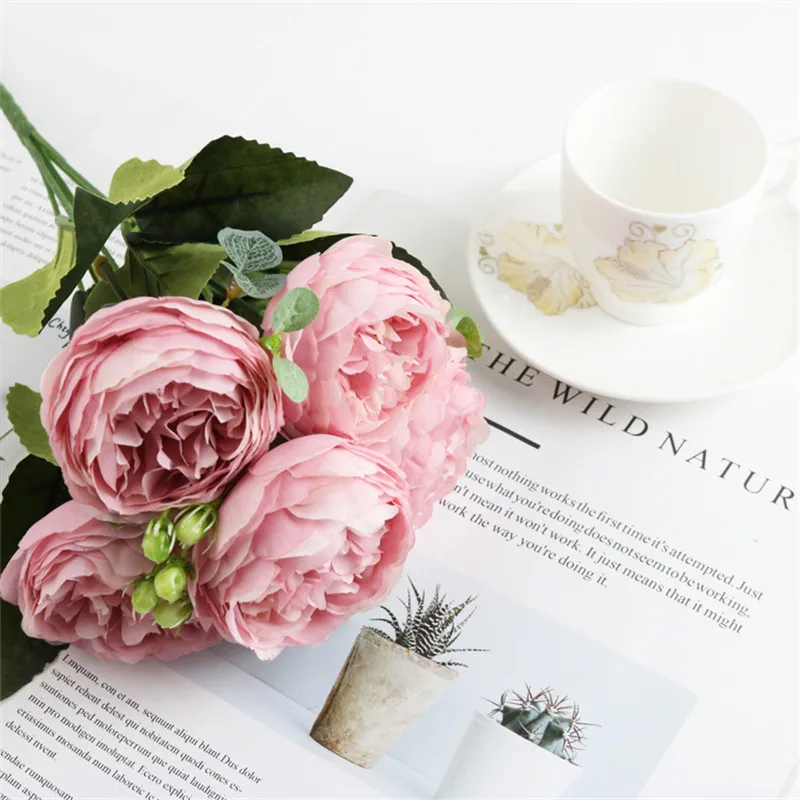 30cm Rose Pink Silk Peony Artificial Flowers Bouquet 5 Big Head and 4 Bud Cheap Fake for Home Wedding Decoration indoor | Дом и сад