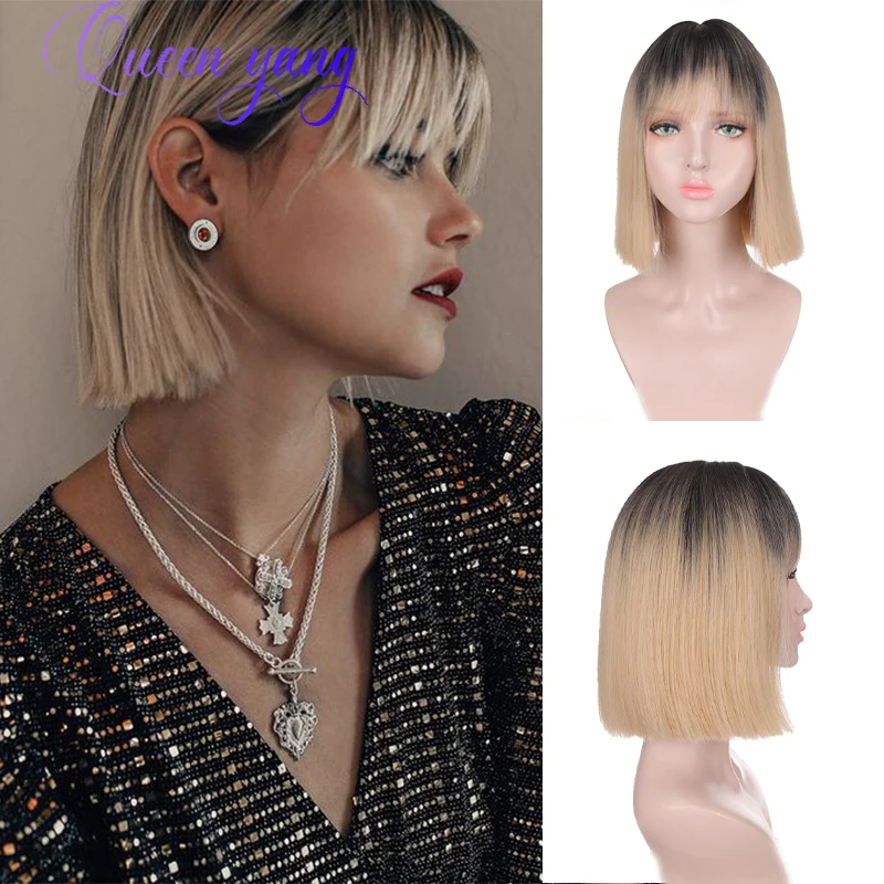 

QUEENYANG Synthetic Short Straight Hair Wig Golden Pink Top Dyed Black High Temperature Silk Wig Breathable, Comfortable