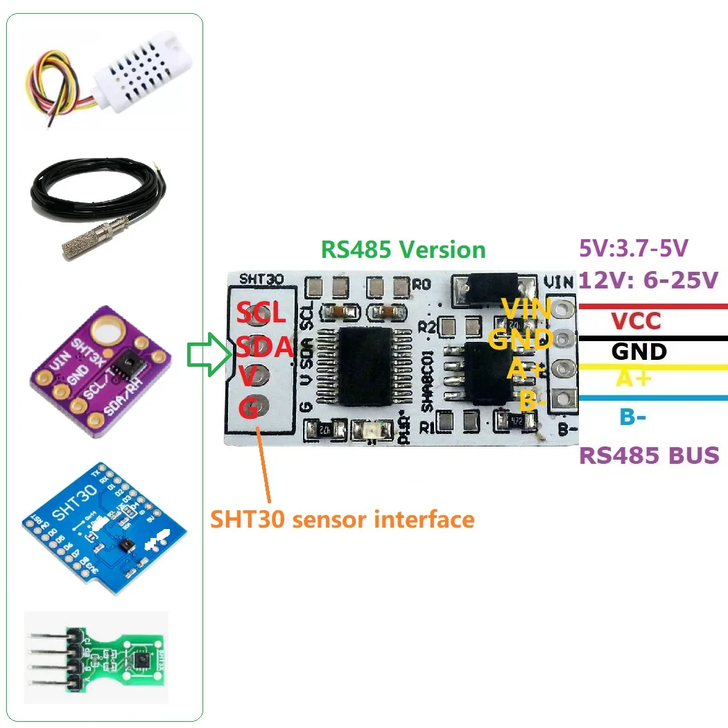 DC 3 7-25V SHT30 SHT3X RS485 RS232 TTL Modbus Rtu Датчик температуры и влажности удаленный контроль