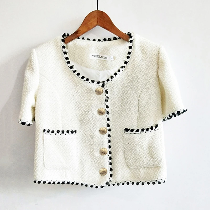 

Tweed Jacket creamy-white Short Style Autumn Women's Wool Coat Short Sleeve Business Ladies One Piece Jacket Coat