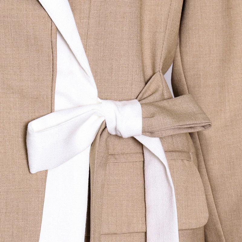 

GALCAUR Camel Blazer For Women Notched Long Sleeve High Waist Patchwork Lace Up Hit Color Loose Elegant Coat Female 2021 Clothes